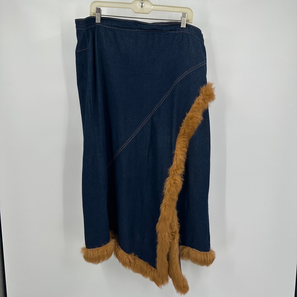 Womens Y2K Denim Skirt Size 2X Faux Fur Trim Boho Festival Eclectic Indie Sleaze